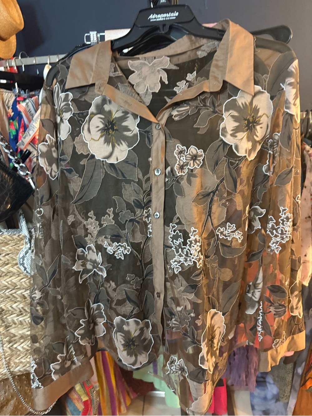 Bundle 3 for $25. Anewsta Sheer Floral Button-Down Shirt in Brown. Size 3XL.